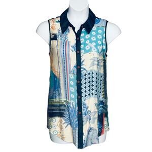 NorthStyle Sleeveless Patchwork Floral Top Sz M Bohemian Button Up Cruise Rayon